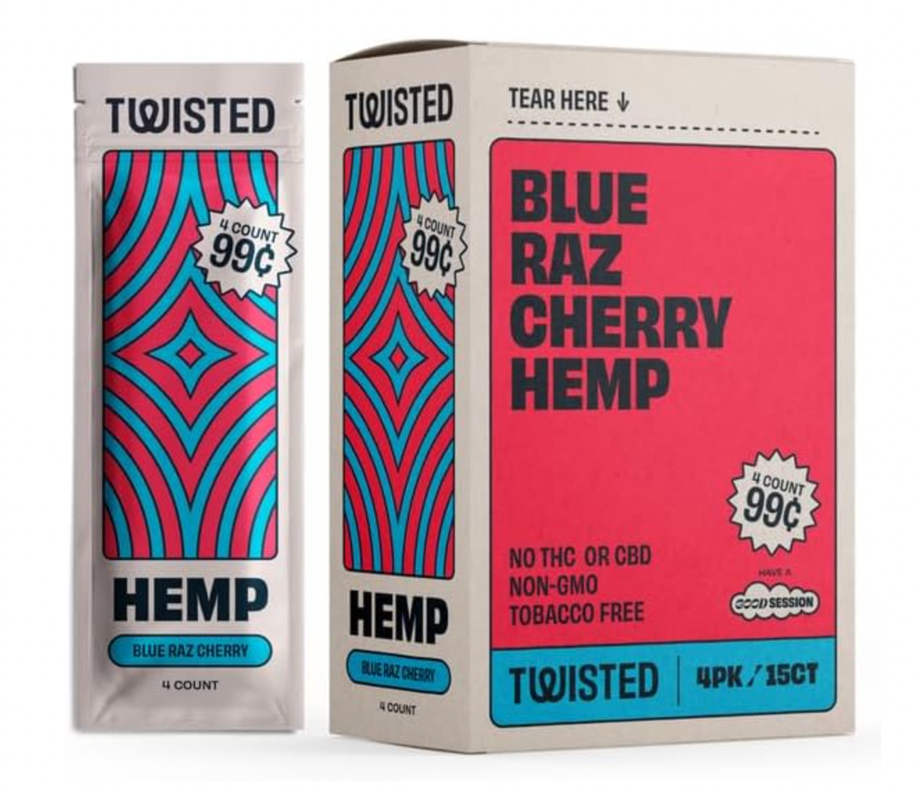 Twisted Hemp Wraps | 4 Wraps Per Sleeve | Pack of 15 | 60 Wraps Total (Blue Raspberry Cherry)
