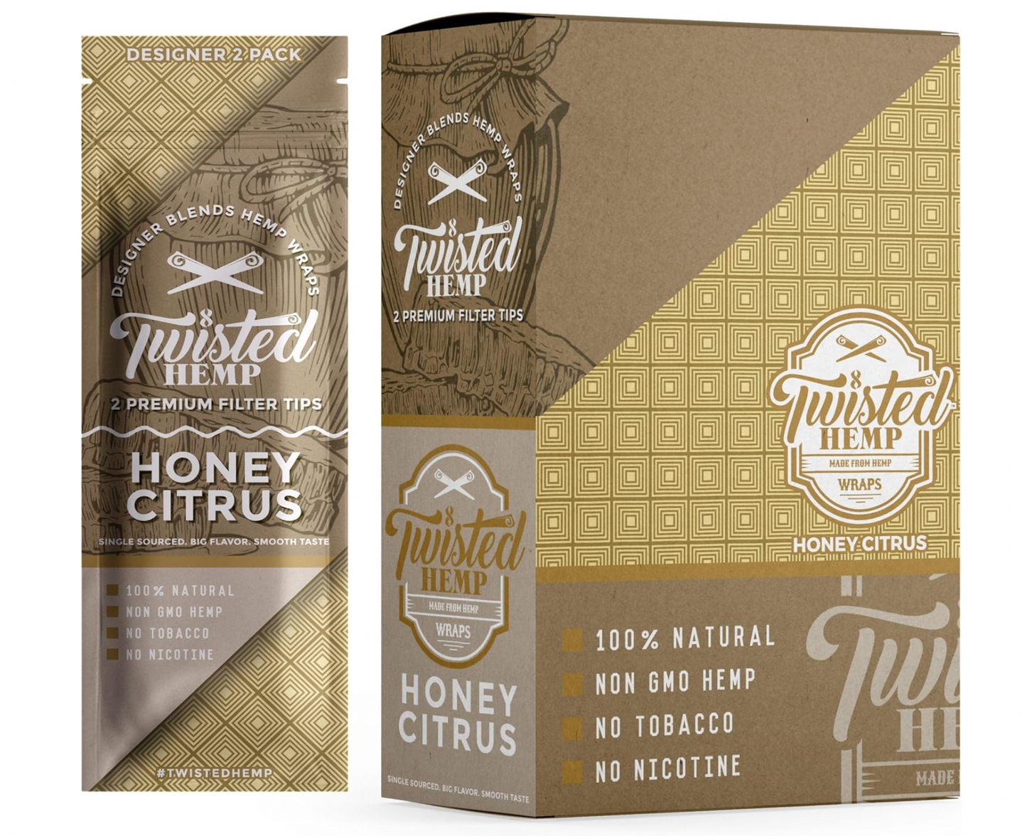Twisted Hemp Natural Premium Hemp Wraps 2 Count Per Sleeve Pack of 15 |30 Wraps Total (Honey Citrus)