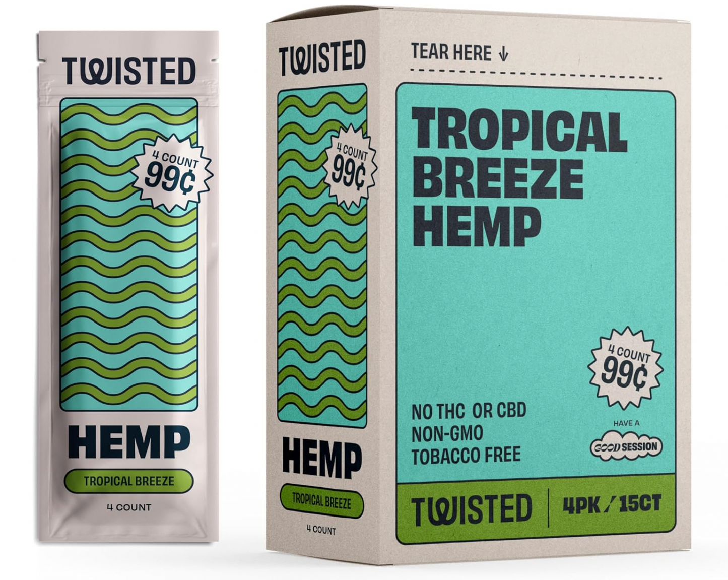 Twisted Hemp Wraps | 4 Wraps Per Sleeve | Pack of 15 | 60 Wraps Total (Tropical Breeze)