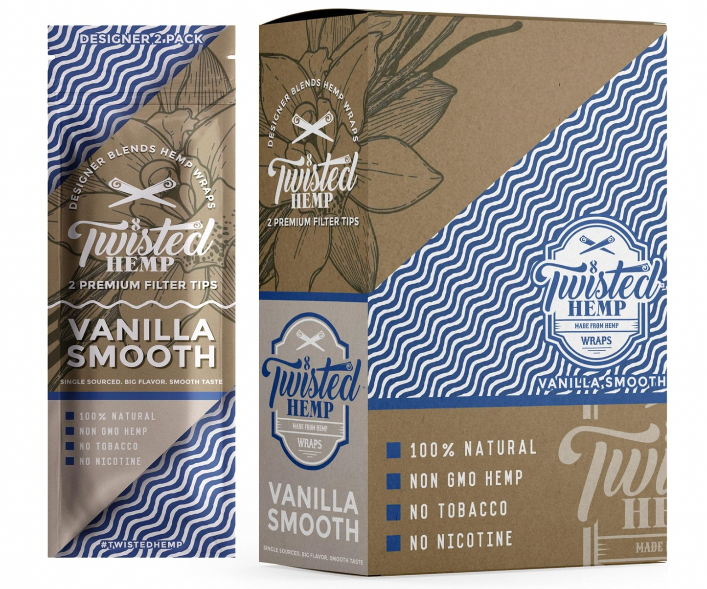 Twisted Hemp Wraps 2 Count Pack of 15 | 30 Wraps Total (Vanilla Smooth)